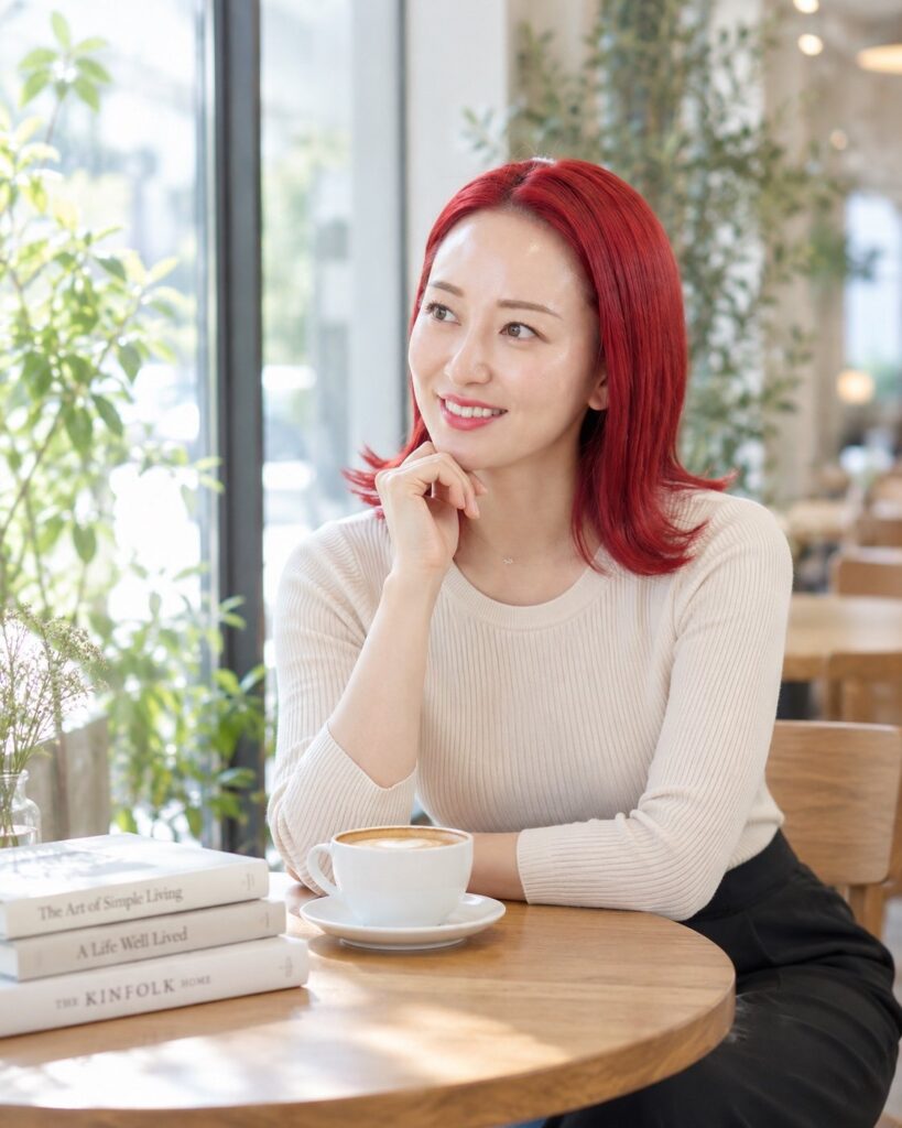 CHIO relaxing at a cafe in Osaka, showing her natural everyday side outside the treatment room.