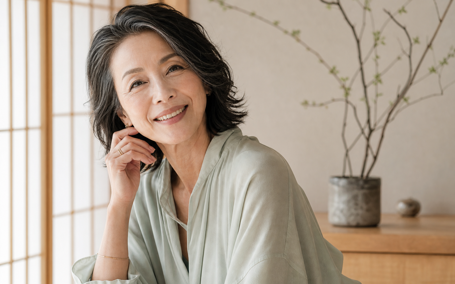 Elegant Japanese woman smiling with luminous mature skin in a modern Japanese interior.