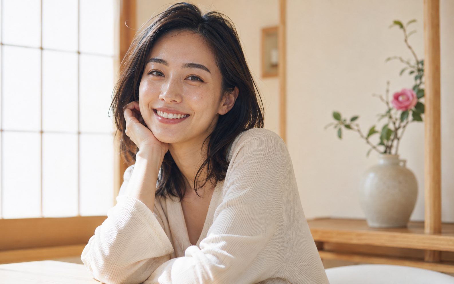 Japanese woman smiling in soft shoji light inside a modern Japanese home.