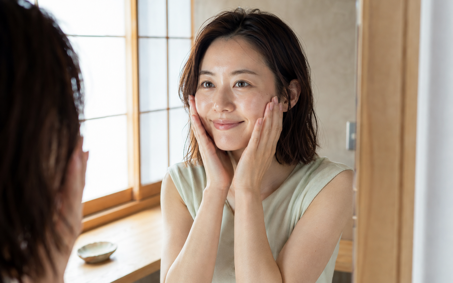 Japanese woman gently patting her skin during a quiet morning skincare ritual.