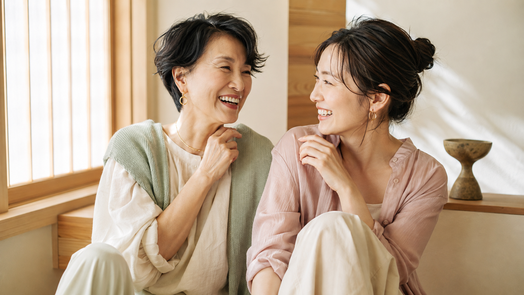 Two generations of Japanese women sharing a warm smile in a modern Japanese home.