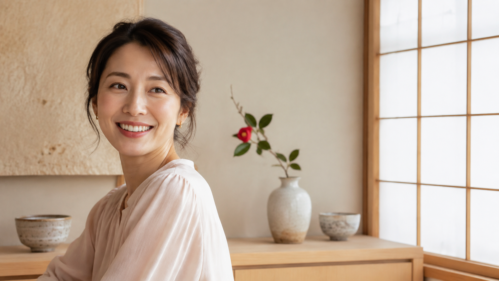 Japanese woman smiling in warm daylight inside a contemporary Japanese home.