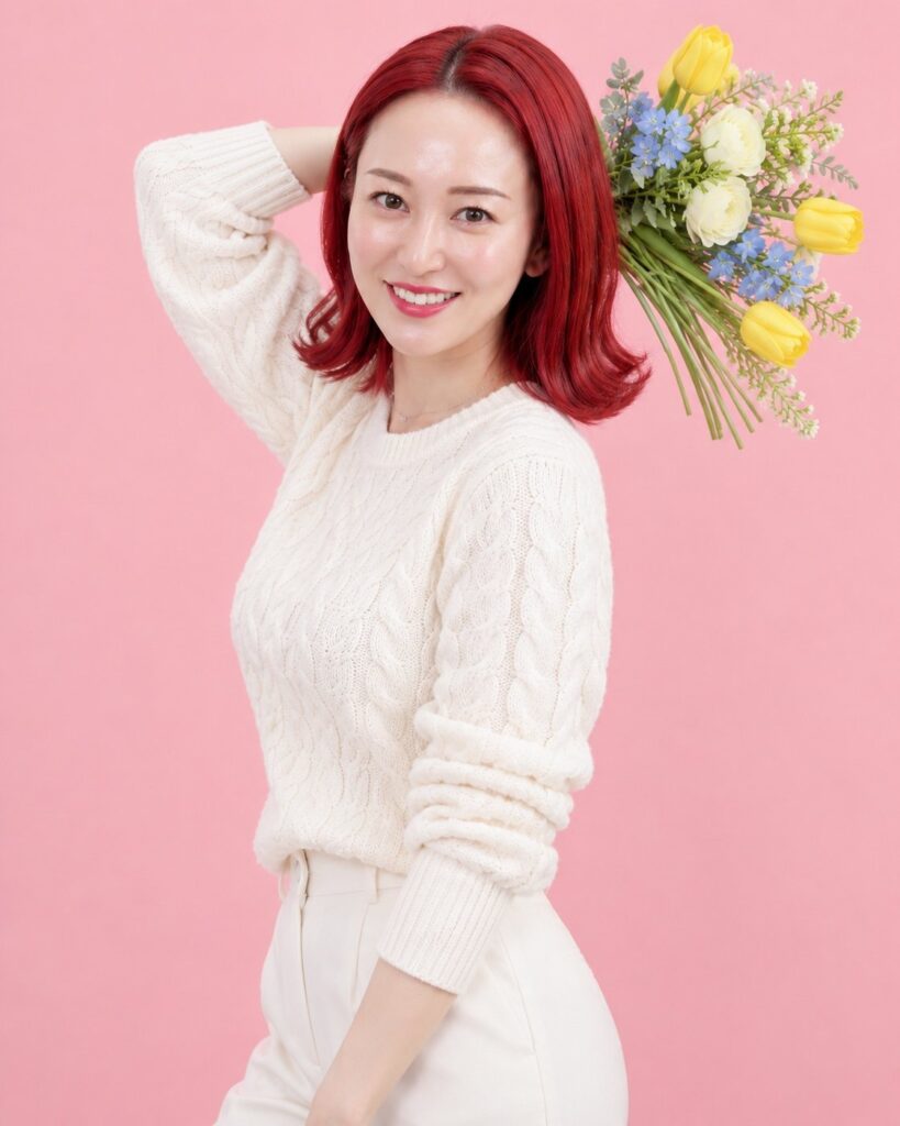 CHIO, a Japanese esthetician from Osaka, smiling against a sakura pink background with flowers
