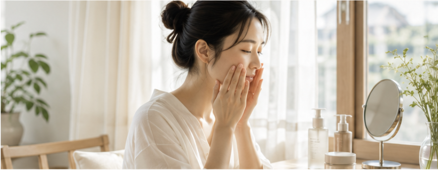 Japanese woman applying hydrating lotion during her morning skincare routine in natural light