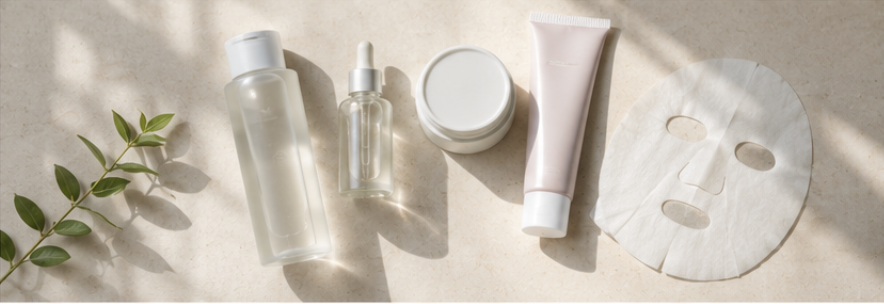 Japanese skincare products including lotion, serum, moisturizer, and sheet mask arranged for flexible daily skincare