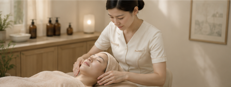 Japanese esthetician gently checking a client's skin condition in a treatment room in Osaka