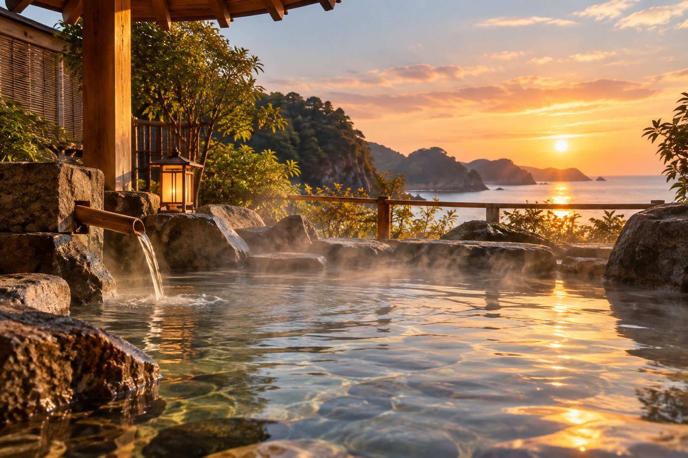 Traditional Japanese onsen surrounded by nature